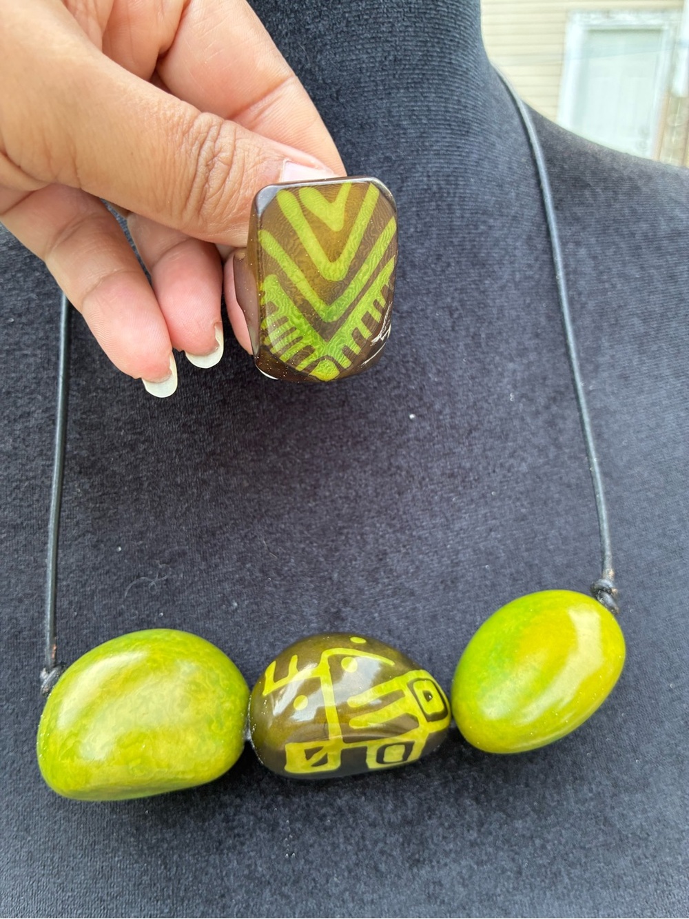 Green Statement Necklace with Geometric Pendant set of 2(necklace/ring)